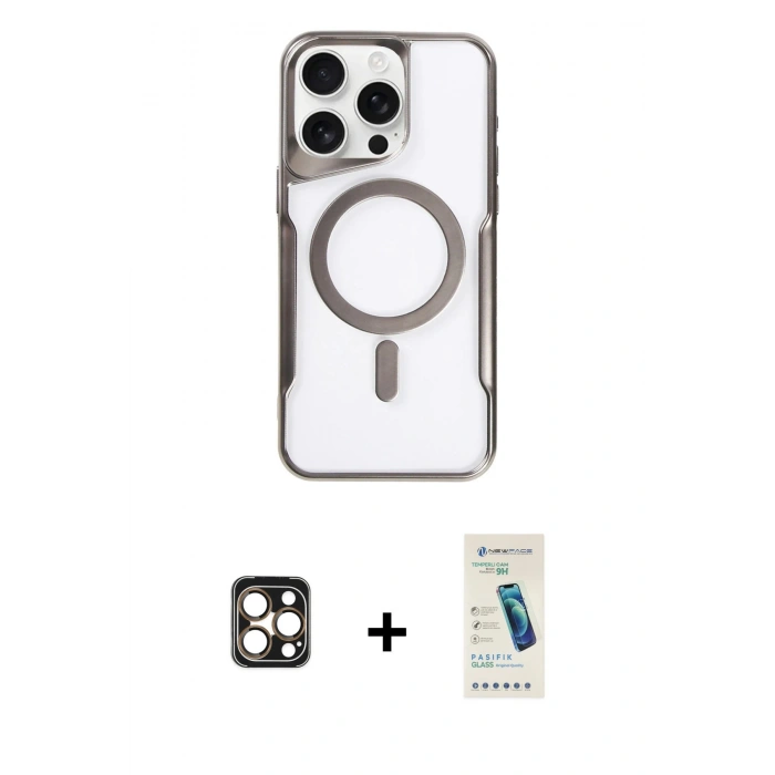 MARSİLYAN™- iPhone 16 Pro Max Kılıf Yadigar Klasik Özel Seri - Şeffaf Pasifik Cam Ekran Koruyucu + Gold PVD Metal Kamera Lens