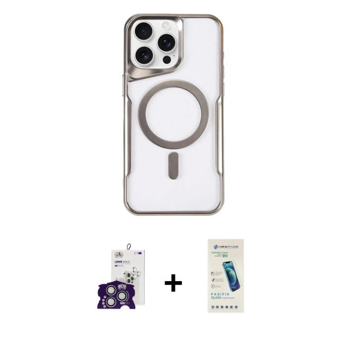 MARSİLYAN™- iPhone 16 Pro Max Kılıf Yadigar Klasik Özel Seri - Şeffaf Pasifik Cam Ekran Koruyucu + Gümüş Bilvis Titan Kamera Lens