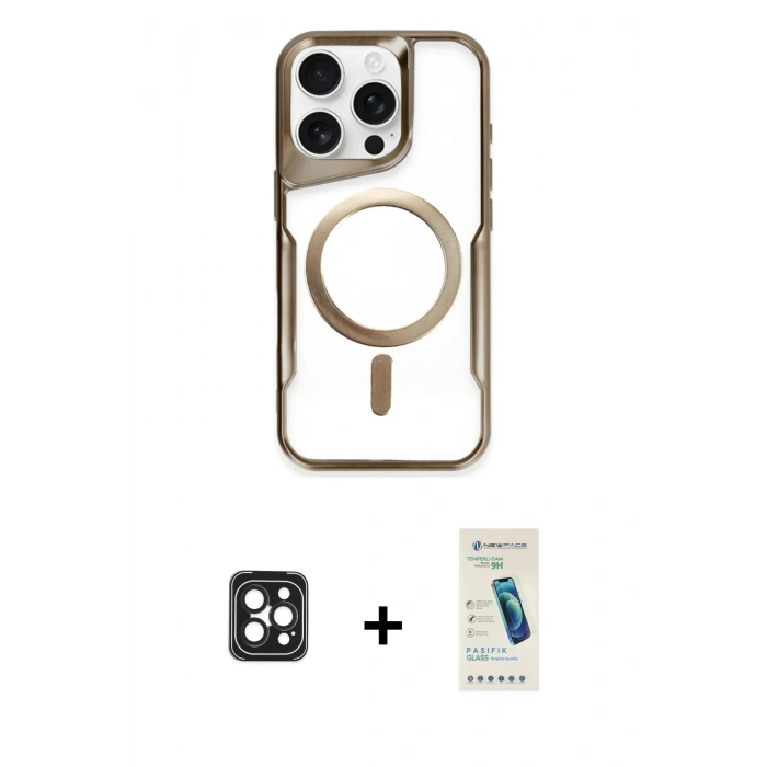 MARSİLYAN™- iPhone 16 Pro Max Kılıf Yadigar Klasik Özel Seri - Şeffaf Pasifik Cam Ekran Koruyucu + PVD Metal Kamera Lens - SH
