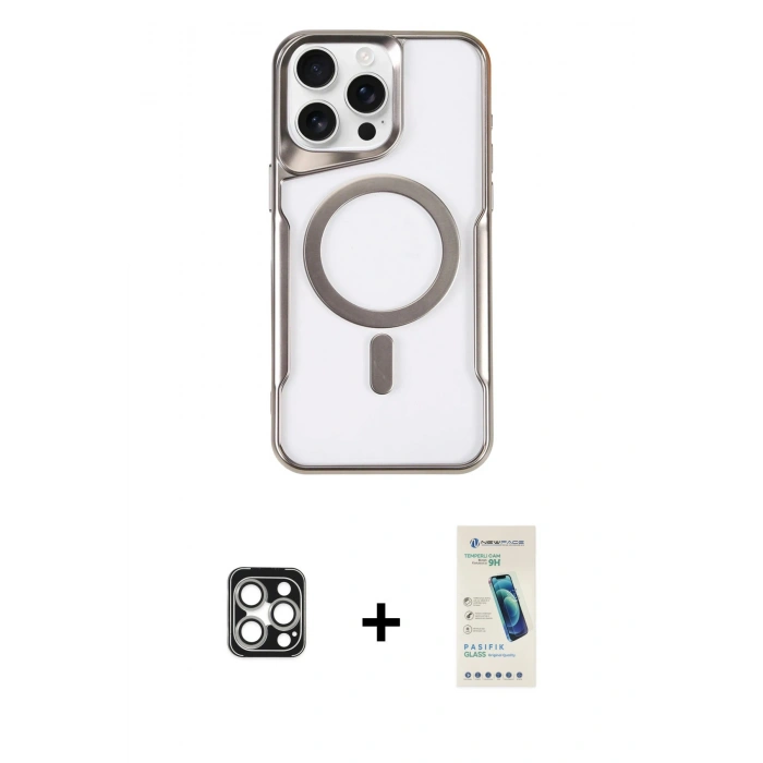 MARSİLYAN™- iPhone 16 Pro Max Kılıf Yadigar Klasik Özel Seri - Şeffaf Pasifik Cam Ekran Koruyucu + PVD Metal Kamera Lens - GS