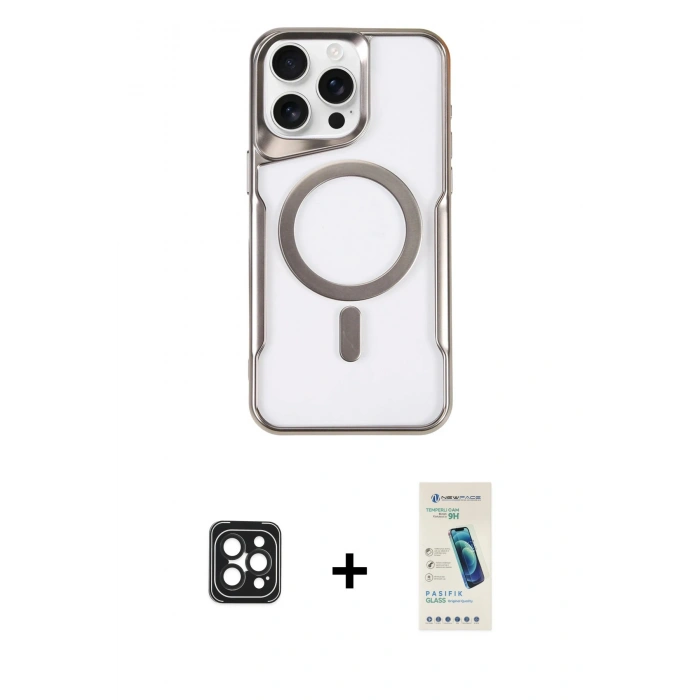 MARSİLYAN™- iPhone 16 Pro Max Kılıf Yadigar Klasik Özel Seri - Şeffaf Pasifik Cam Ekran Koruyucu + PVD Metal Kamera Lens - SH