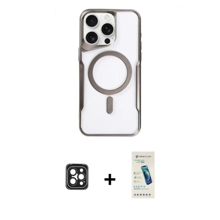 MARSİLYAN™- iPhone 16 Pro Max Kılıf Yadigar Klasik Özel Seri - Şeffaf Pasifik Cam Ekran Koruyucu + PVD Metal Kamera Lens - SH