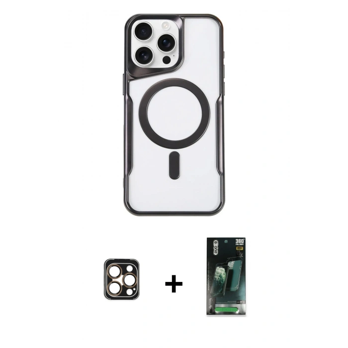 MARSİLYAN™- iPhone 16 Pro Max Kılıf Yadigar Klasik Özel Seri - Siyah 360 Mat Full Body Arka Koruyucu + Gold PVD Metal Kamera Lens