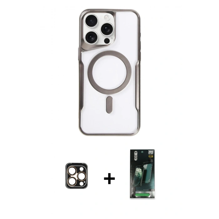 MARSİLYAN™- iPhone 16 Pro Max Kılıf Yadigar Klasik Özel Seri - Siyah 360 Mat Full Body Arka Koruyucu + Gold PVD Metal Kamera Lens