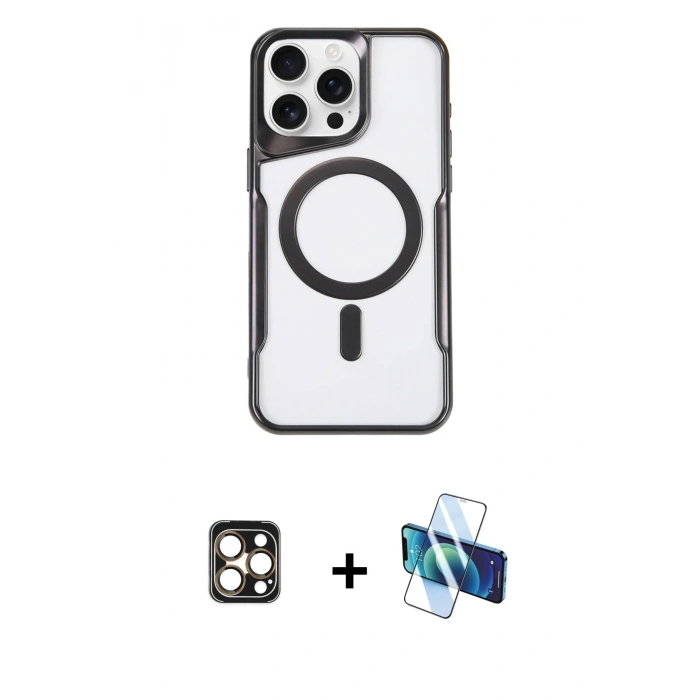 MARSİLYAN™- iPhone 16 Pro Max Kılıf Yadigar Klasik Özel Seri - Siyah 3D Antistatik Cam Ekran Koruyucu + PVD Metal Kamera Lens - GD