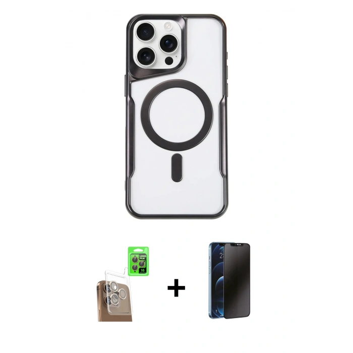 MARSİLYAN™- iPhone 16 Pro Max Kılıf Yadigar Klasik Özel Seri - Siyah 3D Antistatik Hayalet Cam Ekran Koruyucu + Raze Metal Kamera Lens - CLTM