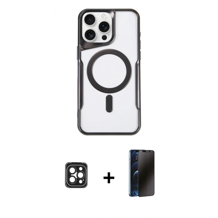 MARSİLYAN™- iPhone 16 Pro Max Kılıf Yadigar Klasik Özel Seri - Siyah 3D Antistatik Hayalet Cam Ekran Koruyucu + PVD Metal Kamera Lens - SH