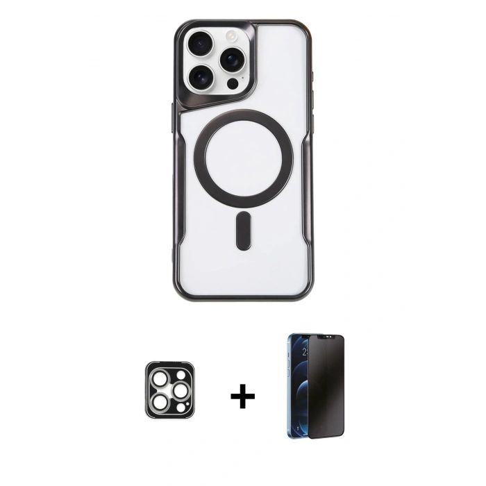 MARSİLYAN™- iPhone 16 Pro Max Kılıf Yadigar Klasik Özel Seri - Siyah 3D Antistatik Hayalet Cam Ekran Koruyucu + PVD Metal Kamera Lens - GS