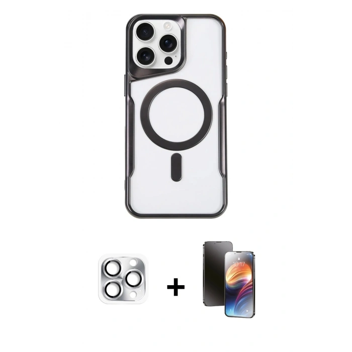 MARSİLYAN™- iPhone 16 Pro Max Kılıf Yadigar Klasik Özel Seri - Siyah 3D Antistatik Mat Seramik Nano Ekran Koruyucu + Gümüş Pers Alüminyum Kamera Lens