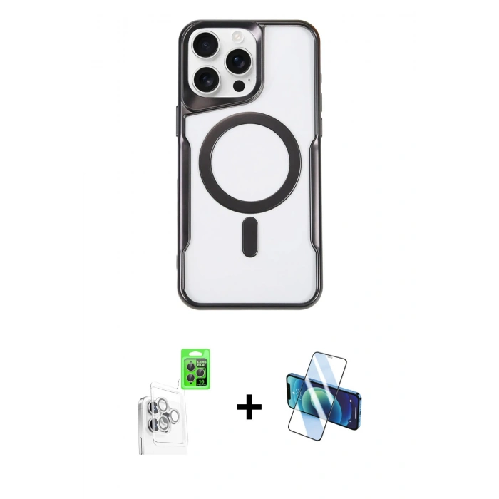 MARSİLYAN™- iPhone 16 Pro Max Kılıf Yadigar Klasik Özel Seri - Siyah 3D Antistatik Seramik Nano Ekran Koruyucu + Beyaz Raze Metal Kamera Lens