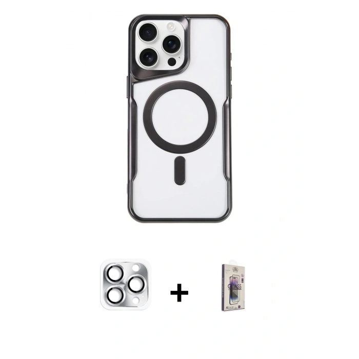 MARSİLYAN™- iPhone 16 Pro Max Kılıf Yadigar Klasik Özel Seri - Siyah Bilvis 3D Cam Ekran Koruyucu + Gümüş Pers Alüminyum Kamera Lens