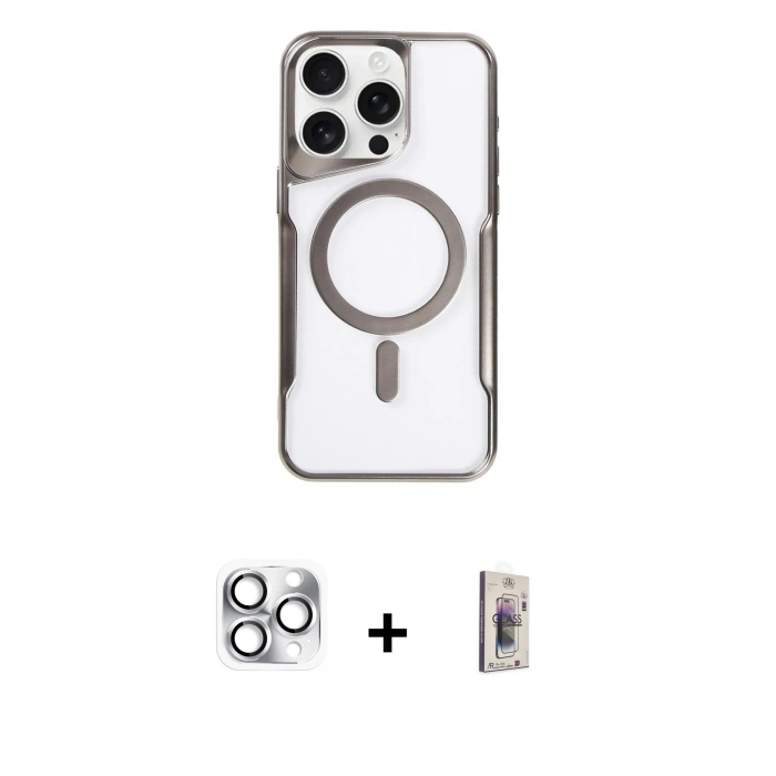 MARSİLYAN™- iPhone 16 Pro Max Kılıf Yadigar Klasik Özel Seri - Siyah Bilvis 3D Cam Ekran Koruyucu + Gümüş Pers Alüminyum Kamera Lens