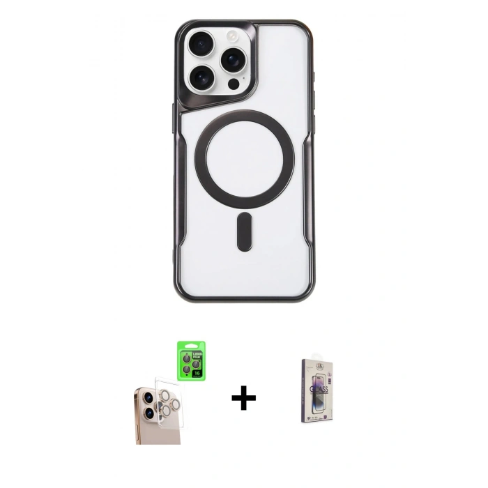 MARSİLYAN™- iPhone 16 Pro Max Kılıf Yadigar Klasik Özel Seri - Siyah Bilvis 3D Cam Ekran Koruyucu + Raze Metal Kamera Lens - NLGY