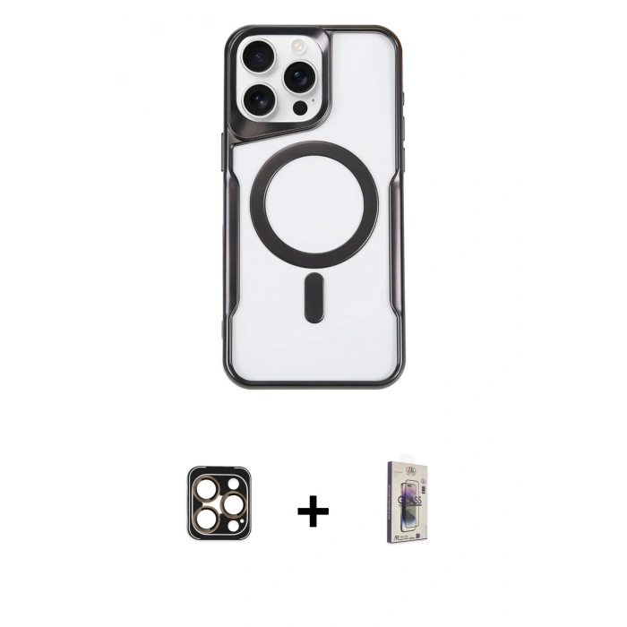 MARSİLYAN™- iPhone 16 Pro Max Kılıf Yadigar Klasik Özel Seri - Siyah Bilvis 3D Cam Ekran Koruyucu + PVD Metal Kamera Lens - GD
