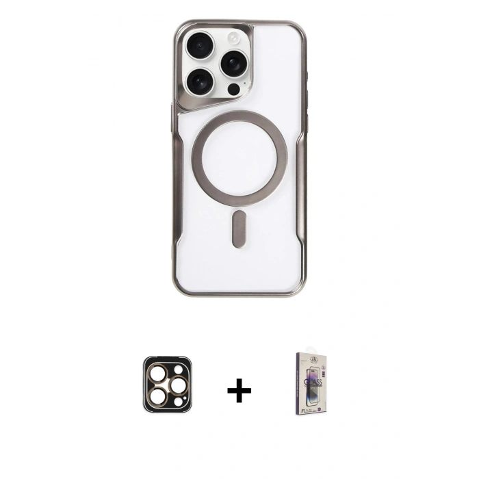 MARSİLYAN™- iPhone 16 Pro Max Kılıf Yadigar Klasik Özel Seri - Siyah Bilvis 3D Cam Ekran Koruyucu + PVD Metal Kamera Lens - GD