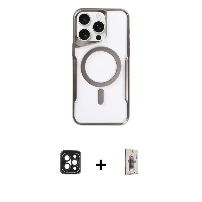 MARSİLYAN™- iPhone 16 Pro Max Kılıf Yadigar Klasik Özel Seri - Siyah Bilvis 3D Cam Ekran Koruyucu + PVD Metal Kamera Lens - SH