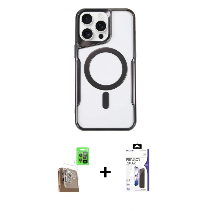 MARSİLYAN™- iPhone 16 Pro Max Kılıf Yadigar Klasik Özel Seri - Siyah Bilvis 3X AR Hayalet Cam Ekran Koruyucu + Raze Metal Kamera Lens - CLTM