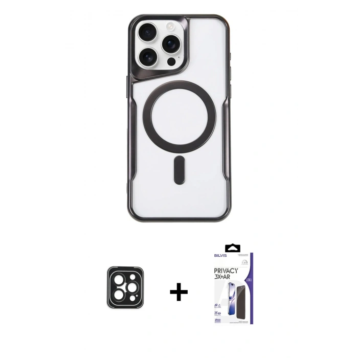 MARSİLYAN™- iPhone 16 Pro Max Kılıf Yadigar Klasik Özel Seri - Siyah Bilvis 3X AR Hayalet Cam Ekran Koruyucu + PVD Metal Kamera Lens - SH