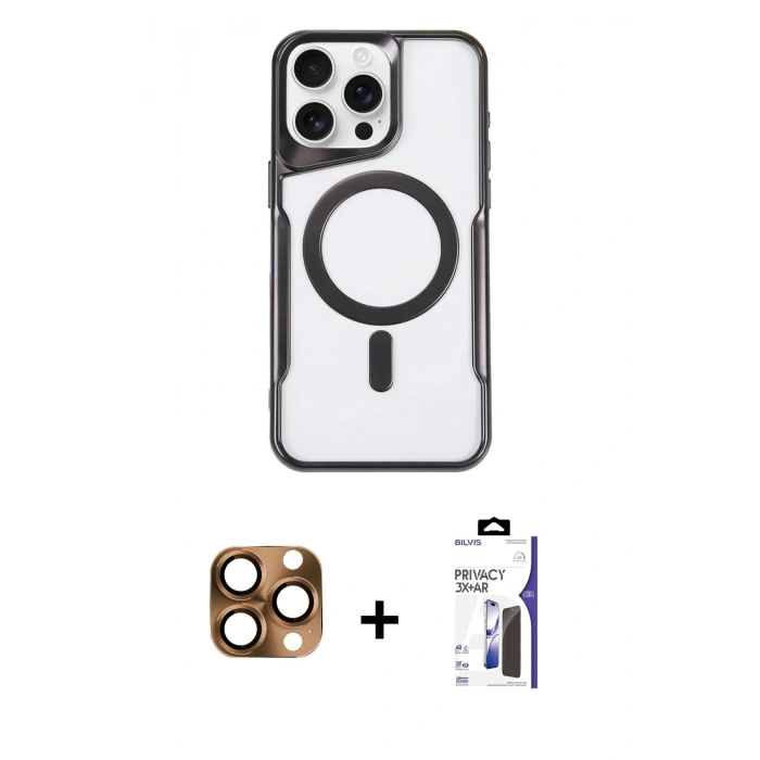 MARSİLYAN™- iPhone 16 Pro Max Kılıf Yadigar Klasik Özel Seri - Siyah Bilvis 3X AR Hayalet Cam Ekran Koruyucu + Pers Alüminyum Kamera Lens - CLTM