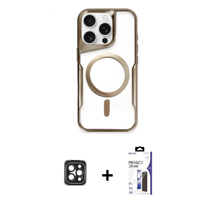MARSİLYAN™- iPhone 16 Pro Max Kılıf Yadigar Klasik Özel Seri - Siyah Bilvis 3X AR Hayalet Cam Ekran Koruyucu + PVD Metal Kamera Lens - SH