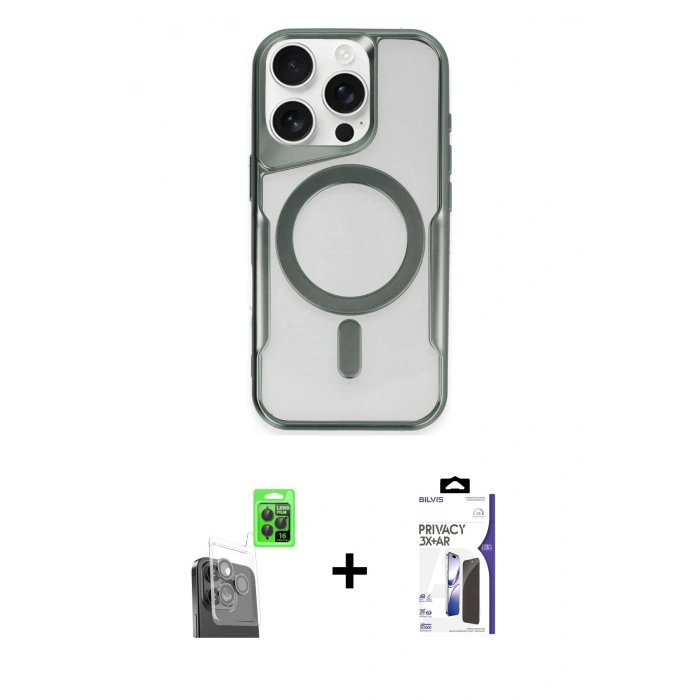 MARSİLYAN™- iPhone 16 Pro Max Kılıf Yadigar Klasik Özel Seri - Siyah Bilvis 3X AR Hayalet Cam Ekran Koruyucu + Raze Metal Kamera Lens - SH