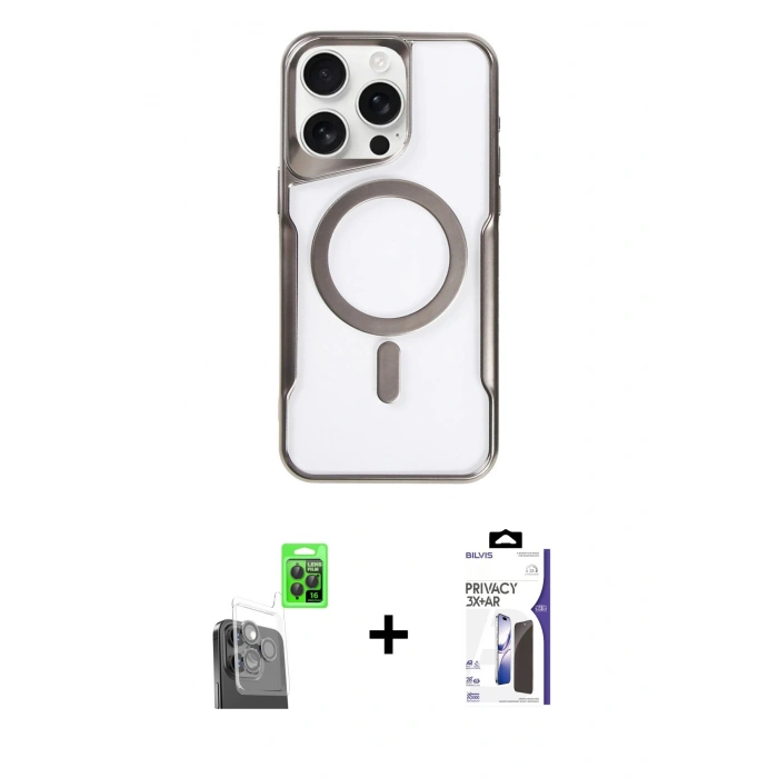 MARSİLYAN™- iPhone 16 Pro Max Kılıf Yadigar Klasik Özel Seri - Siyah Bilvis 3X AR Hayalet Cam Ekran Koruyucu + Raze Metal Kamera Lens - SH