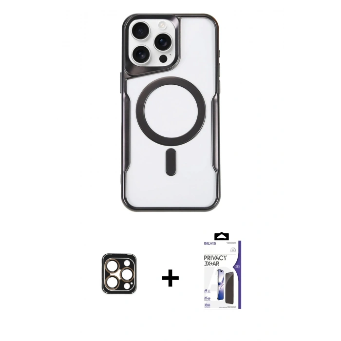 MARSİLYAN™- iPhone 16 Pro Max Kılıf Yadigar Klasik Özel Seri - Siyah Bilvis 3X AR Hayalet Cam Ekran Koruyucu + PVD Metal Kamera Lens - GD