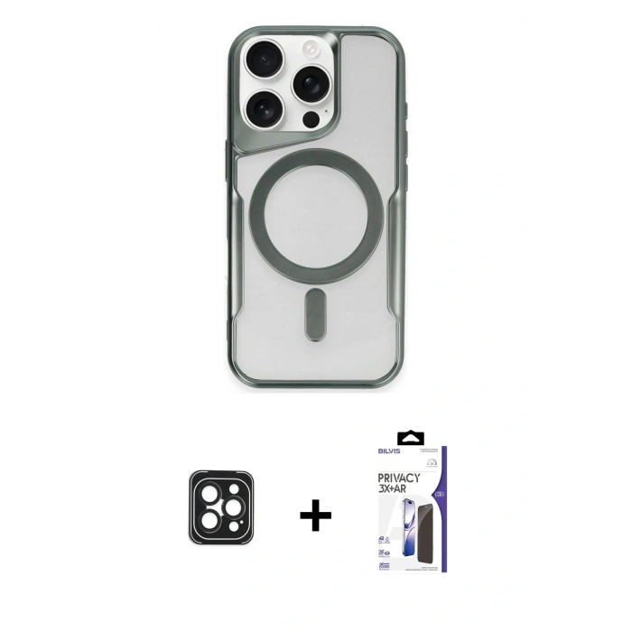 MARSİLYAN™- iPhone 16 Pro Max Kılıf Yadigar Klasik Özel Seri - Siyah Bilvis 3X AR Hayalet Cam Ekran Koruyucu + PVD Metal Kamera Lens - SH