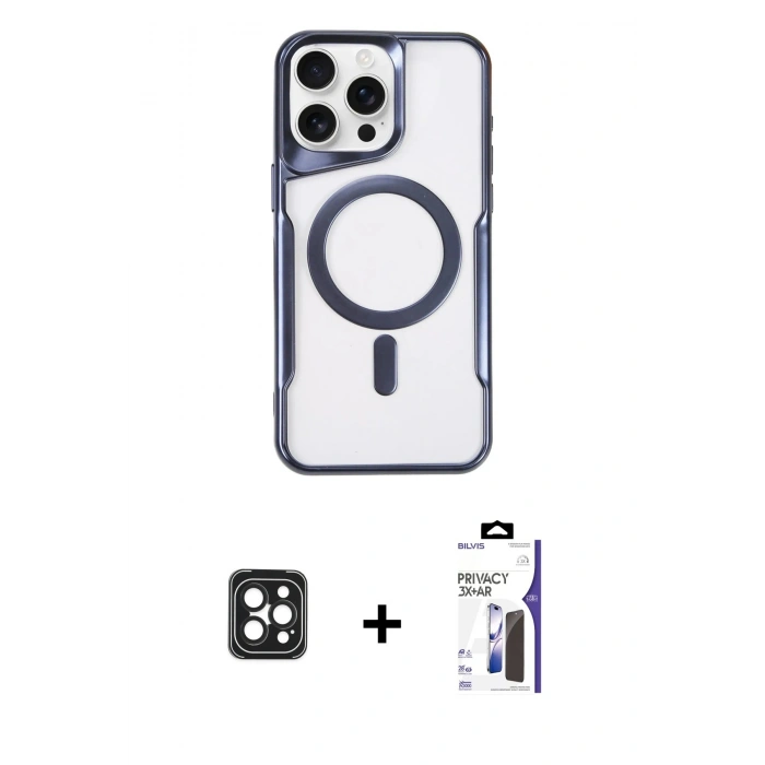MARSİLYAN™- iPhone 16 Pro Max Kılıf Yadigar Klasik Özel Seri - Siyah Bilvis 3X AR Hayalet Cam Ekran Koruyucu + PVD Metal Kamera Lens - SH