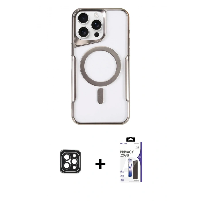 MARSİLYAN™- iPhone 16 Pro Max Kılıf Yadigar Klasik Özel Seri - Siyah Bilvis 3X AR Hayalet Cam Ekran Koruyucu + PVD Metal Kamera Lens - SH