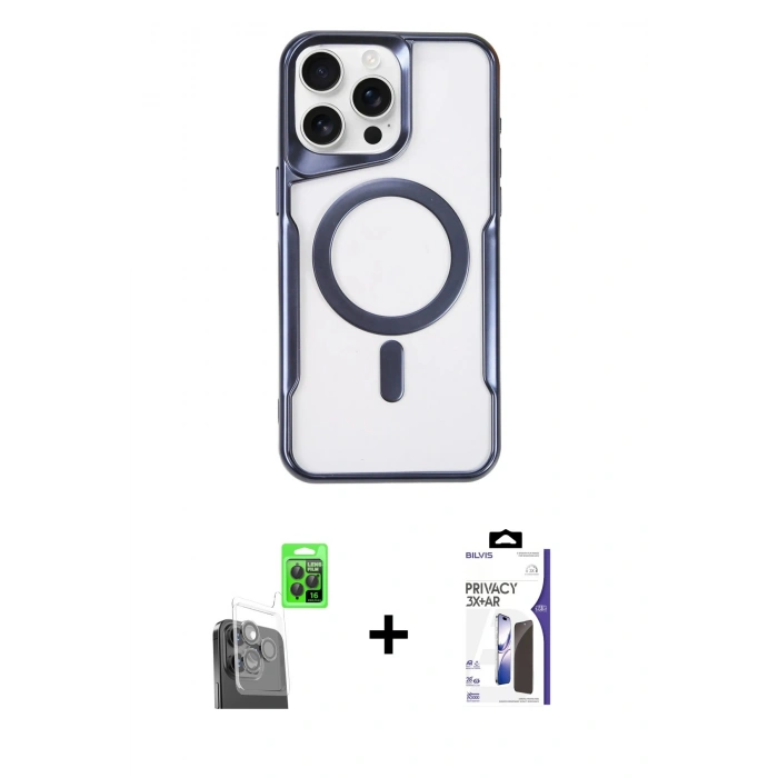 MARSİLYAN™- iPhone 16 Pro Max Kılıf Yadigar Klasik Özel Seri - Siyah Bilvis 3X AR Hayalet Cam Ekran Koruyucu + Raze Metal Kamera Lens - SH
