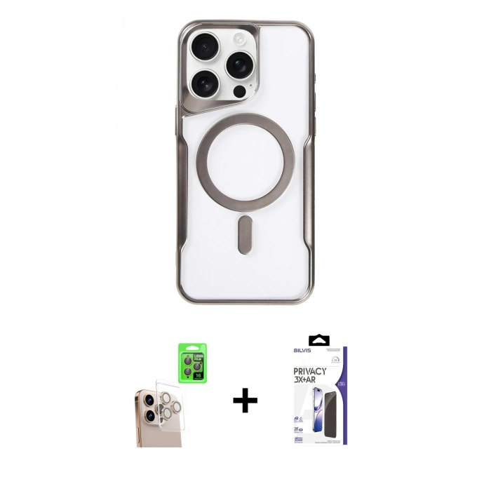 MARSİLYAN™- iPhone 16 Pro Max Kılıf Yadigar Klasik Özel Seri - Siyah Bilvis 3X AR Hayalet Cam Ekran Koruyucu + Raze Metal Kamera Lens - NLGY