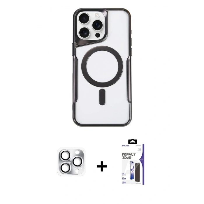 MARSİLYAN™- iPhone 16 Pro Max Kılıf Yadigar Klasik Özel Seri - Siyah Bilvis 3X AR Hayalet Cam Ekran Koruyucu + Pers Alüminyum Kamera Lens - GS