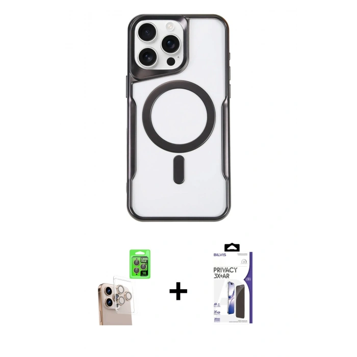 MARSİLYAN™- iPhone 16 Pro Max Kılıf Yadigar Klasik Özel Seri - Siyah Bilvis 3X AR Hayalet Cam Ekran Koruyucu + Raze Metal Kamera Lens - NLGY