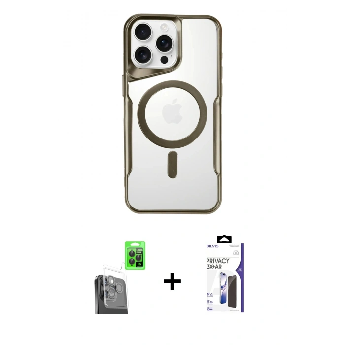 MARSİLYAN™- iPhone 16 Pro Max Kılıf Yadigar Klasik Özel Seri - Siyah Bilvis 3X AR Hayalet Cam Ekran Koruyucu + Raze Metal Kamera Lens - SH