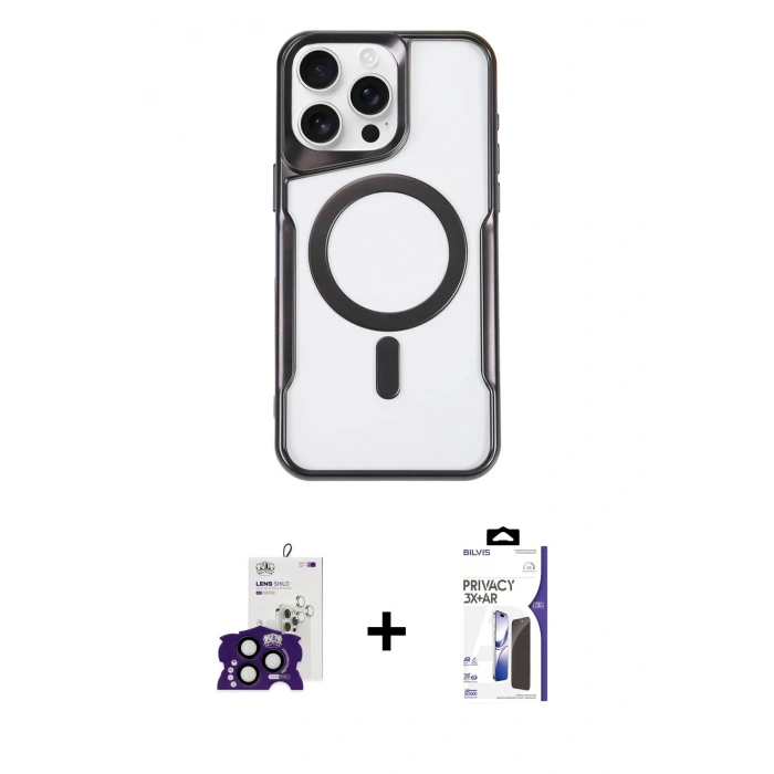 MARSİLYAN™- iPhone 16 Pro Max Kılıf Yadigar Klasik Özel Seri - Siyah Bilvis 3X AR Hayalet Cam Ekran Koruyucu + Bilvis Titan Kamera Lens - SH