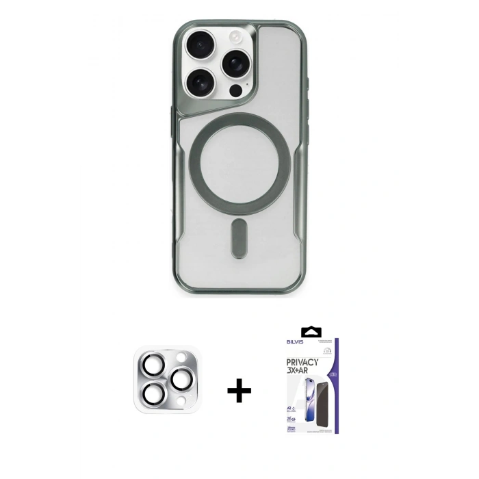 MARSİLYAN™- iPhone 16 Pro Max Kılıf Yadigar Klasik Özel Seri - Siyah Bilvis 3X AR Hayalet Cam Ekran Koruyucu + Pers Alüminyum Kamera Lens - GS
