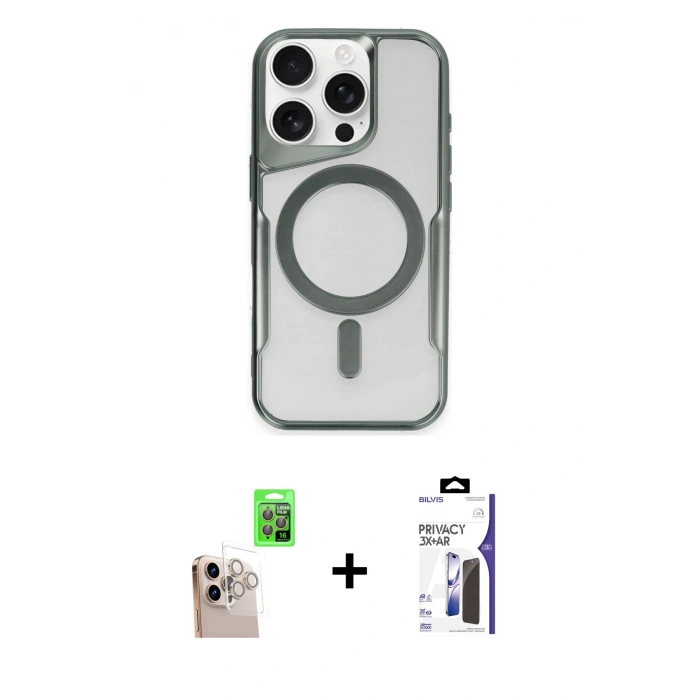 MARSİLYAN™- iPhone 16 Pro Max Kılıf Yadigar Klasik Özel Seri - Siyah Bilvis 3X AR Hayalet Cam Ekran Koruyucu + Raze Metal Kamera Lens - NLGY