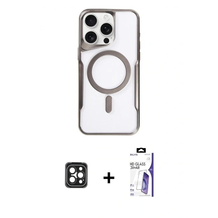 MARSİLYAN™- iPhone 16 Pro Max Kılıf Yadigar Klasik Özel Seri - Siyah Bilvis 3X AR HD Cam Ekran Koruyucu + PVD Metal Kamera Lens - SH