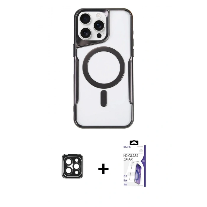 MARSİLYAN™- iPhone 16 Pro Max Kılıf Yadigar Klasik Özel Seri - Siyah Bilvis 3X AR HD Cam Ekran Koruyucu + PVD Metal Kamera Lens - SH