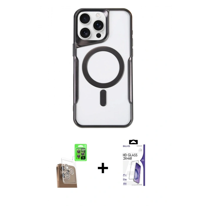 MARSİLYAN™- iPhone 16 Pro Max Kılıf Yadigar Klasik Özel Seri - Siyah Bilvis 3X AR HD Cam Ekran Koruyucu + Raze Metal Kamera Lens - CLTM