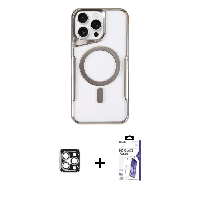 MARSİLYAN™- iPhone 16 Pro Max Kılıf Yadigar Klasik Özel Seri - Siyah Bilvis 3X AR HD Cam Ekran Koruyucu + PVD Metal Kamera Lens - GS