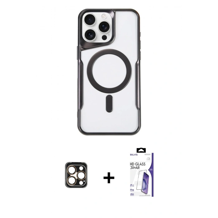 MARSİLYAN™- iPhone 16 Pro Max Kılıf Yadigar Klasik Özel Seri - Siyah Bilvis 3X AR HD Cam Ekran Koruyucu + PVD Metal Kamera Lens - GD