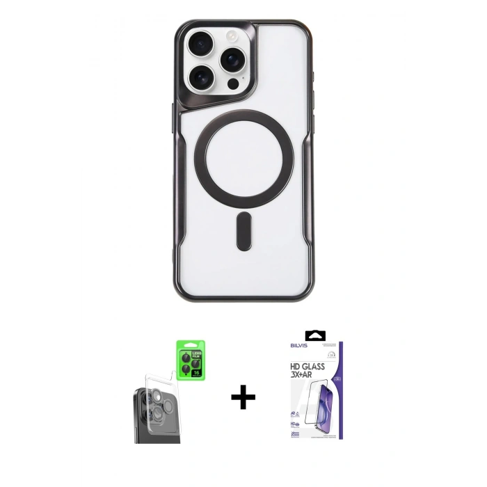 MARSİLYAN™- iPhone 16 Pro Max Kılıf Yadigar Klasik Özel Seri - Siyah Bilvis 3X AR HD Cam Ekran Koruyucu + Raze Metal Kamera Lens - SH