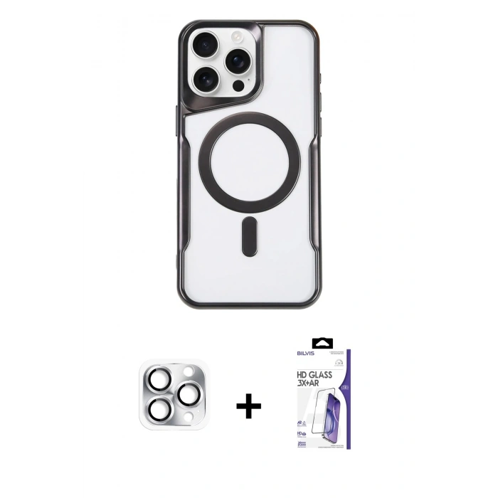 MARSİLYAN™- iPhone 16 Pro Max Kılıf Yadigar Klasik Özel Seri - Siyah Bilvis 3X AR HD Cam Ekran Koruyucu + Pers Alüminyum Kamera Lens - GS