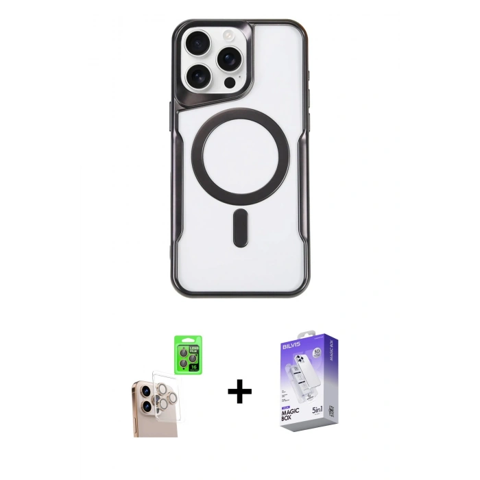 MARSİLYAN™- iPhone 16 Pro Max Kılıf Yadigar Klasik Özel Seri - Siyah Bilvis 5in1 3D Magic Cam Ekran Koruyucu + Raze Metal Kamera Lens - NLGY