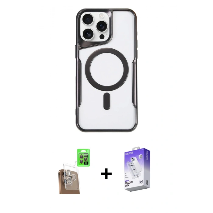 MARSİLYAN™- iPhone 16 Pro Max Kılıf Yadigar Klasik Özel Seri - Siyah Bilvis 5in1 3D Magic Cam Ekran Koruyucu + Raze Metal Kamera Lens - CLTM