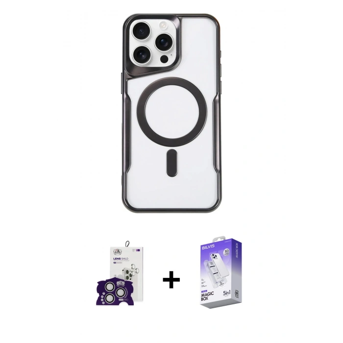 MARSİLYAN™- iPhone 16 Pro Max Kılıf Yadigar Klasik Özel Seri - Siyah Bilvis 5in1 3D Magic Cam Ekran Koruyucu + Gümüş Bilvis Titan Kamera Lens