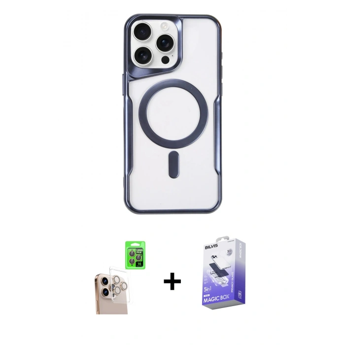MARSİLYAN™- iPhone 16 Pro Max Kılıf Yadigar Klasik Özel Seri - Siyah Bilvis 5in1 5D Magic Hayalet Cam Ekran Koruyucu + Raze Metal Kamera Lens - NLGY