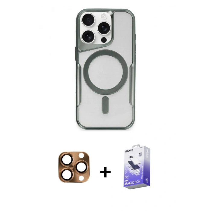 MARSİLYAN™- iPhone 16 Pro Max Kılıf Yadigar Klasik Özel Seri - Siyah Bilvis 5in1 5D Magic Hayalet Cam Ekran Koruyucu + Çöl Titanyum Pers Alüminyum Kamera Lens